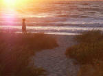 Charles� daughter Jodi on a sunrise stroll on the beach as a fish jumps in the surf. She brought us a blue, one of four Charles caught and gave us. He also gave us four dozen little mullet, giving us delicious dining daily. Daddy cleaned all but one which Ruth killed, cleaned, cooked, and served.
