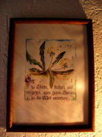 I love this this lovely little dandelion picture with its poem to honor God (Gott zu ehren, bl�hen und vergehen, allen guten Samen in die Welt verwehen), hanging in Elfriede and Siegbert's home.